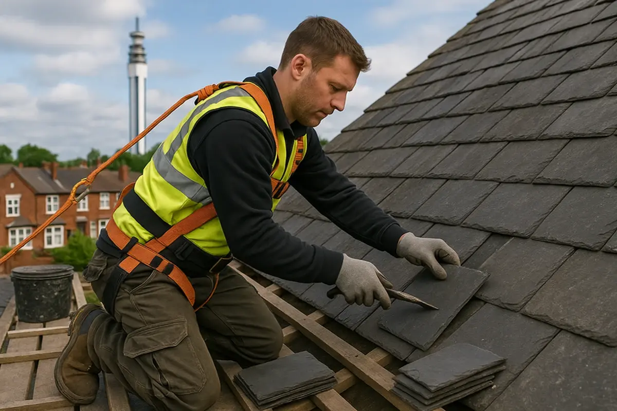 Professional roofer at work