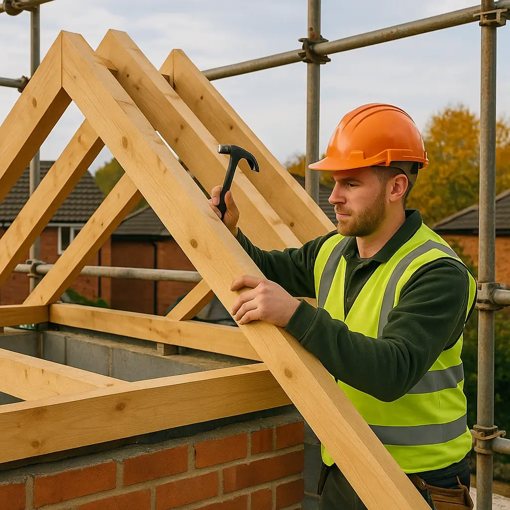 Detailed view of roof truss installation